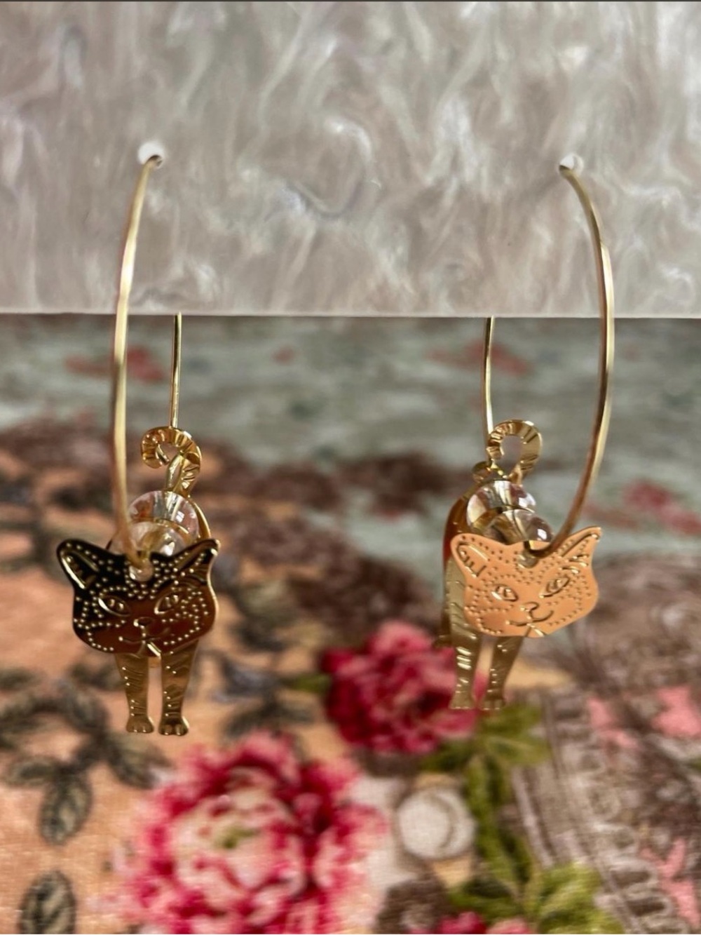 Gold Cat Charm Hoop Earrings - Women Jewelry